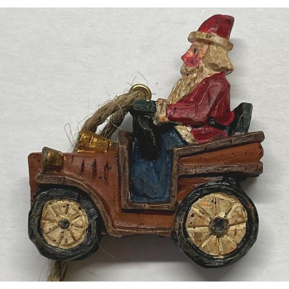 Vintage Mini Christmas Tree Ornament Santa Driving Car 2" Tall Carved Style - Picture 5 of 5